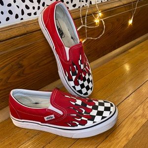 Red drip checkered slip on Vans shoes